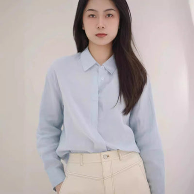 Linen Plain Cloth Blue Dyed Loose Shirt