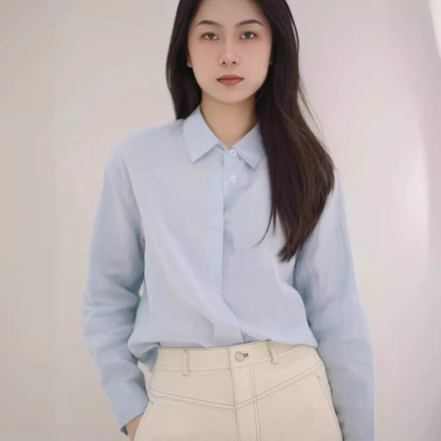 Linen Plain Cloth Blue Dyed Loose Shirt