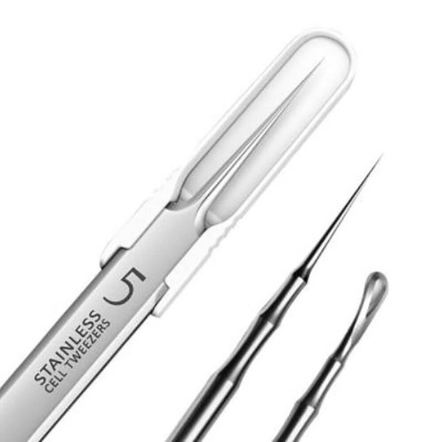 Detail of the 8pcs Ultra-fine Beauty Salon Acne Needle Tool Set featuring stainless steel tweezers and precision tools.
