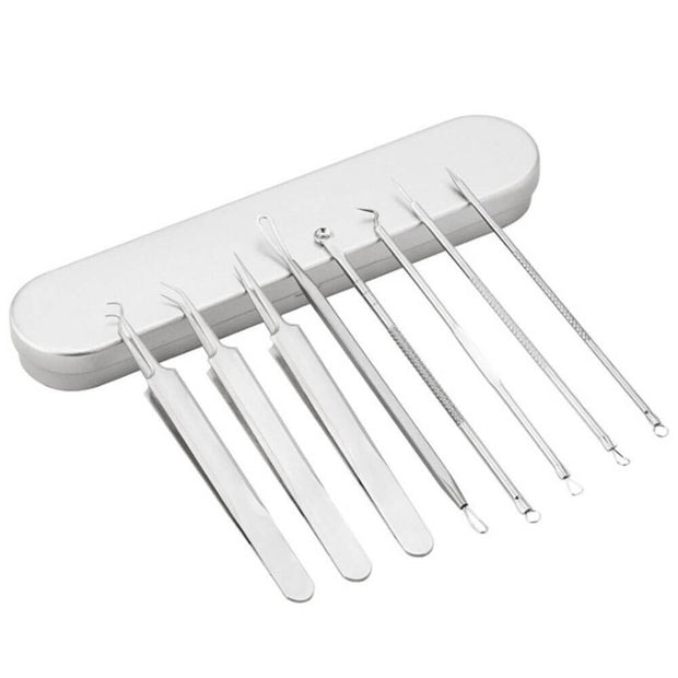 8pcs Ultra-fine Beauty Salon Acne Needle Tool Set displayed in a sleek metal case with various precision tools.