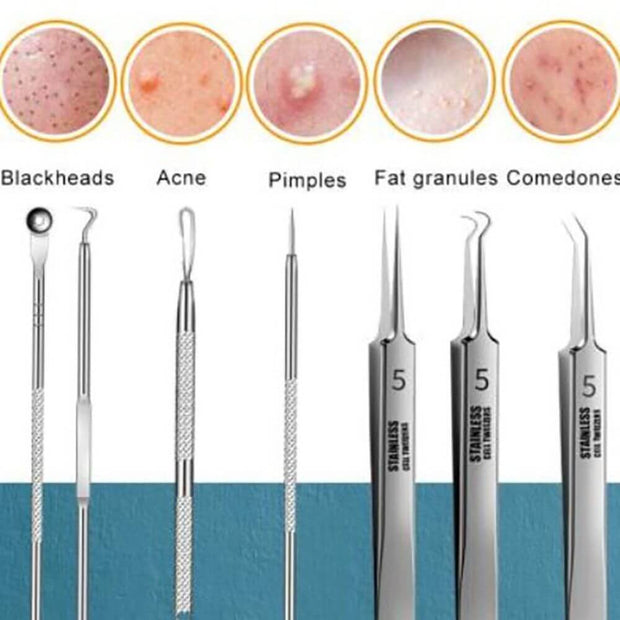 8pcs Ultra-fine Beauty Salon Acne Needle Tool Set displayed with tools for blackheads, acne, pimples, and comedones.