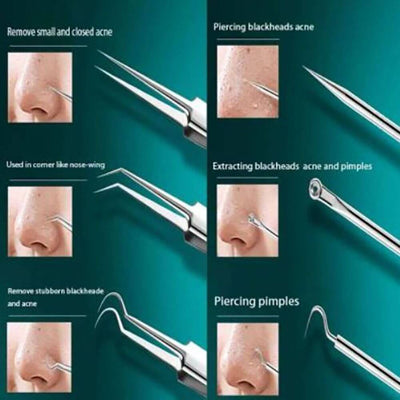 8pcs Ultra-fine Beauty Salon Acne Needle Tool Set showing techniques for removing small acne, blackheads, and pimples.