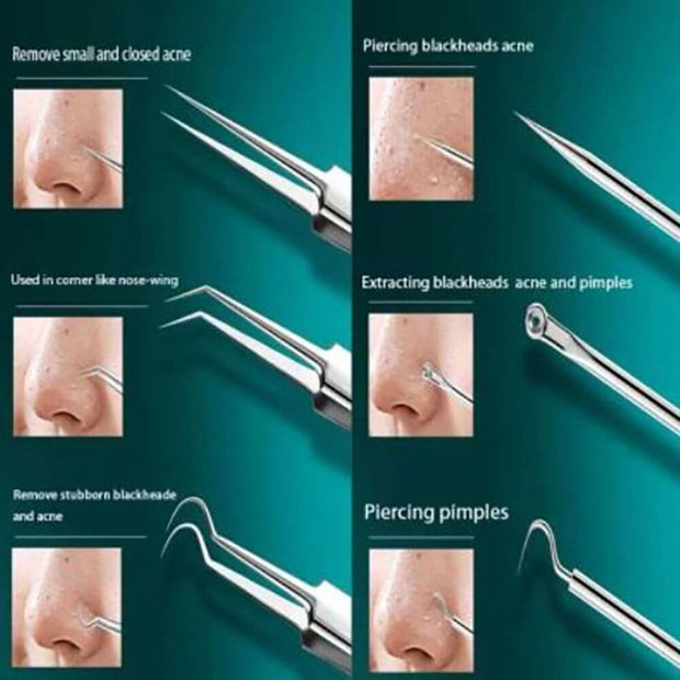 8pcs Ultra-fine Beauty Salon Acne Needle Tool Set showing techniques for removing small acne, blackheads, and pimples.