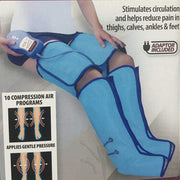 Air pressure leg massager device stimulating circulation for pain relief in thighs, calves, ankles, and feet.