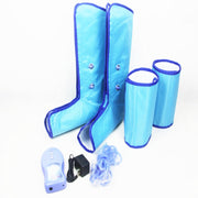 Air pressure leg massager kit including blue leg wraps, foot cuffs, and remote control for relaxation and pain relief.