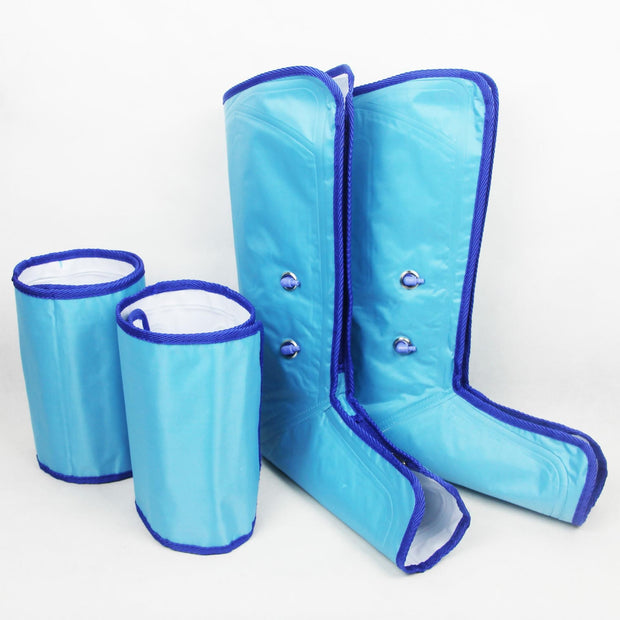 Air pressure leg massager device featuring blue compression sleeves for effective leg relaxation and pain relief.
