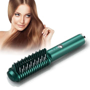 Dual-Purpose Electric Hair Comb for Curling & Straightening with model styling hair.
