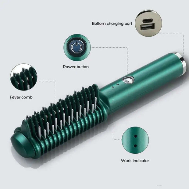 Dual-Purpose Electric Hair Comb for Curling & Straightening with power button and charging port features.