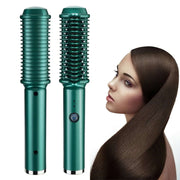Dual-Purpose Electric Hair Comb for Curling & Straightening next to a model with sleek hair.