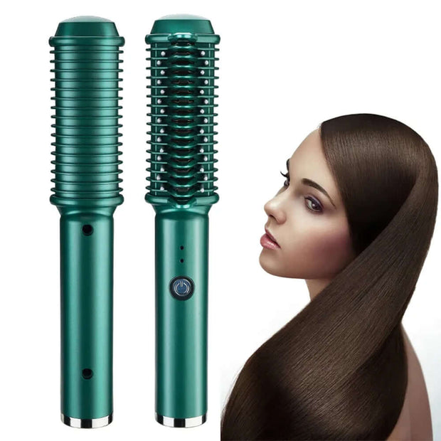 Dual-Purpose Electric Hair Comb for Curling & Straightening next to a model with sleek hair.