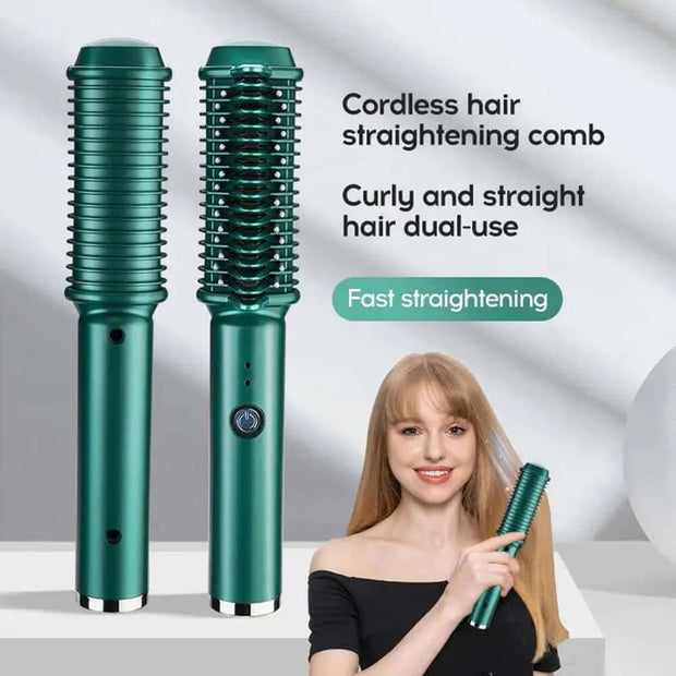 Dual-Purpose Electric Hair Comb for Curling & Straightening with a model showcasing its features.