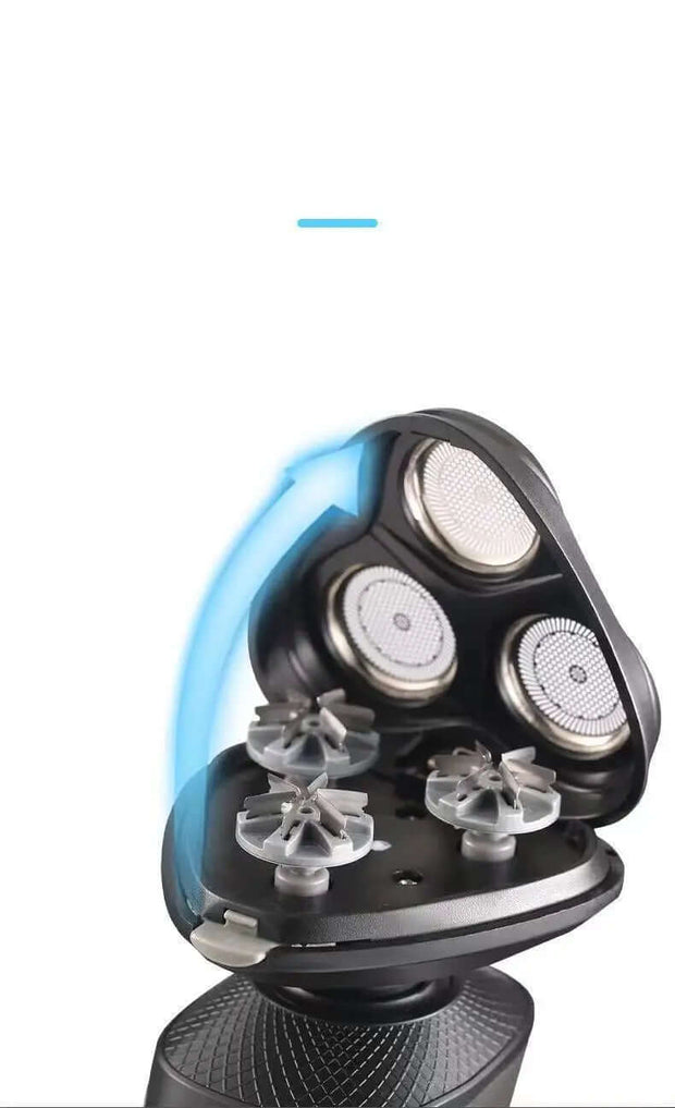 3-in-1 Electric Razor for Men with Trimmer and Shaver head showing rotary blades and flexible design.