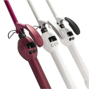 Professional 9mm Curling Iron with LCD Display in three colors: burgundy, white, and black, showcasing versatile styling options.