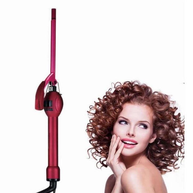 Professional 9mm Curling Iron with LCD Display beside a model showcasing beautiful curly hair.