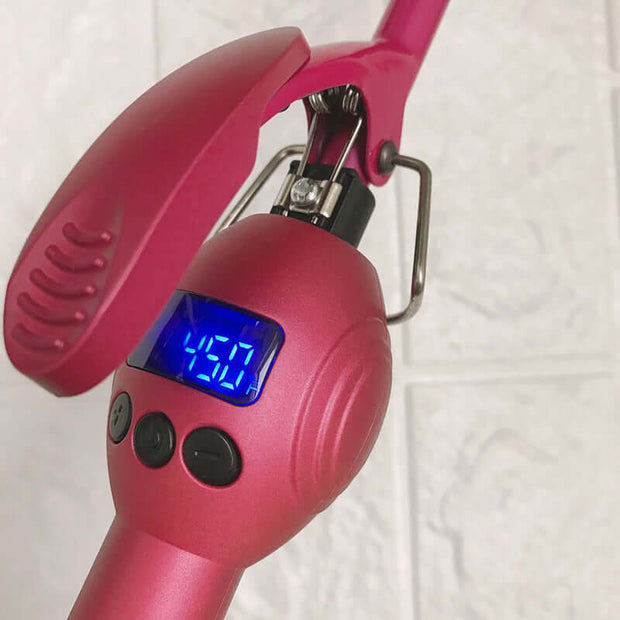 Professional 9mm Curling Iron with LCD Display showing digital temperature setting on a pink curling iron.