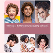 Professional 9mm Curling Iron with LCD Display showcasing versatile styling results on various hairstyles.