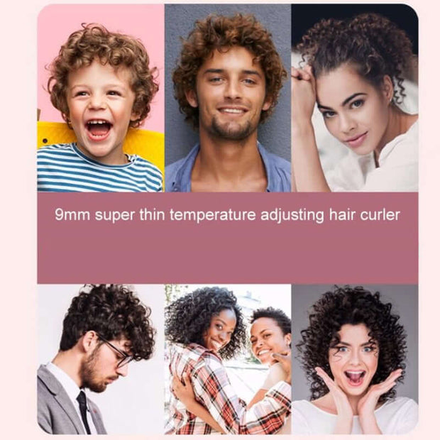 Professional 9mm Curling Iron with LCD Display showcasing versatile styling results on various hairstyles.