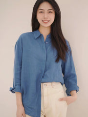 Linen Plain Cloth Blue Dyed Loose Shirt