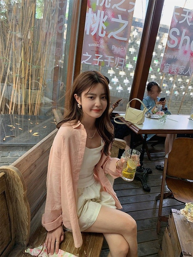 Linen Plain Cloth Blue Dyed Loose Shirt