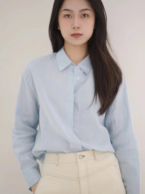 Linen Plain Cloth Blue Dyed Loose Shirt